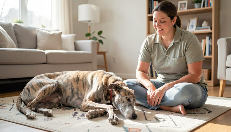 A retired brindle greyhound lying on a rug in a bright living room beside a volunteer.