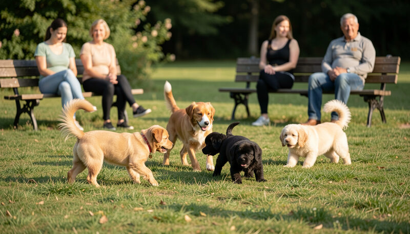 Several dogs of different sizes playing on grass while owners watch from benches nearby.