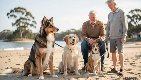 Three leashed dogs sitting with two men on a sandy beach with gum trees behind