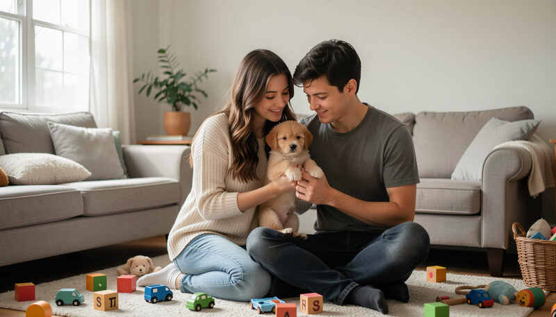 A young couple holding a small puppy in a rental living room with toys scattered.