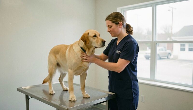 A vet in navy scrubs steadying a calm adult golden Labrador standing on a steel exam table beside a bright clinic window